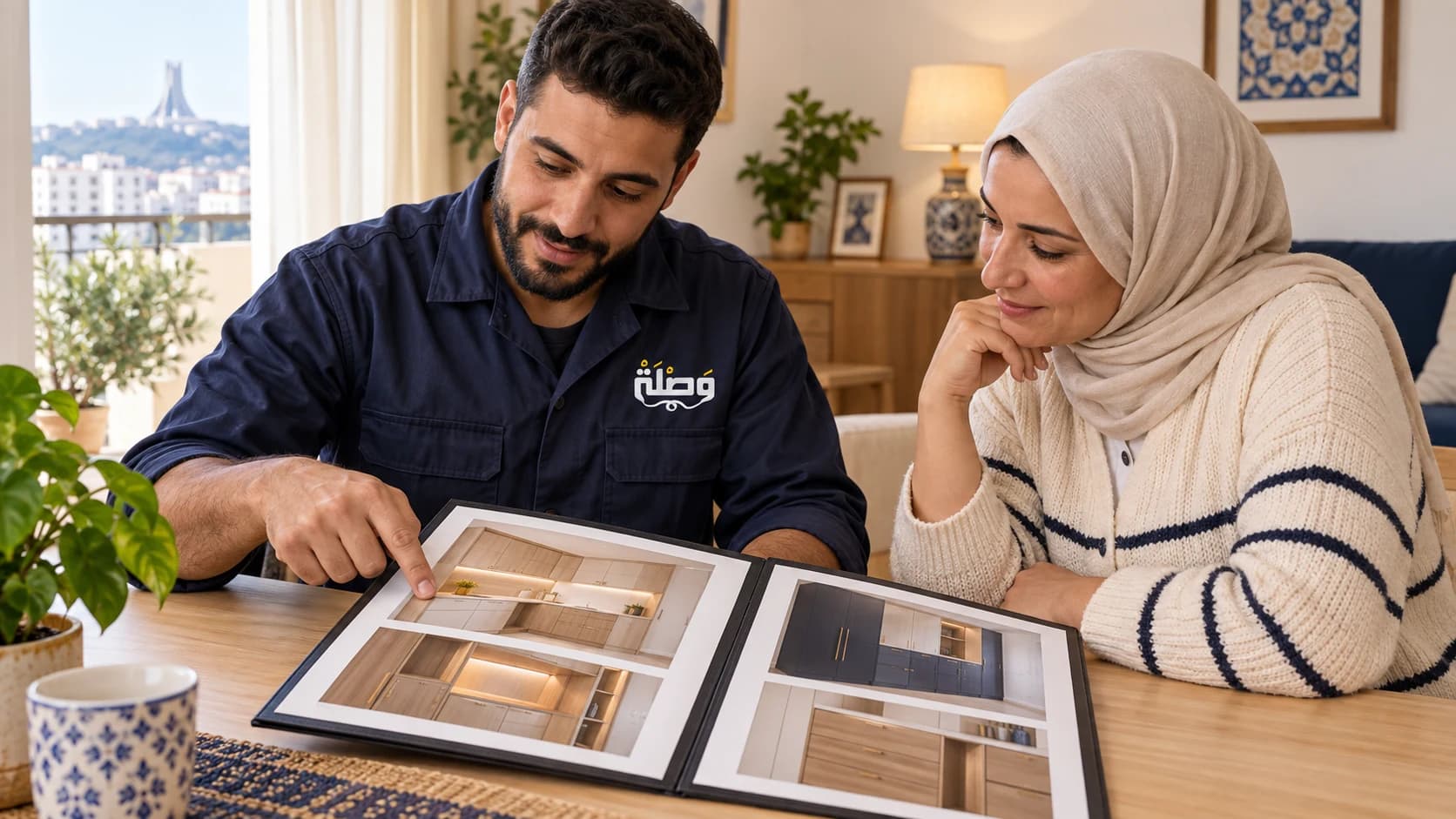 An artisan wearing the Wasla logo shows a homeowner his previous work