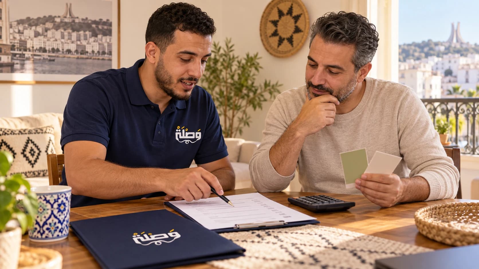 An artisan wearing the Wasla logo explains a quote to a homeowner