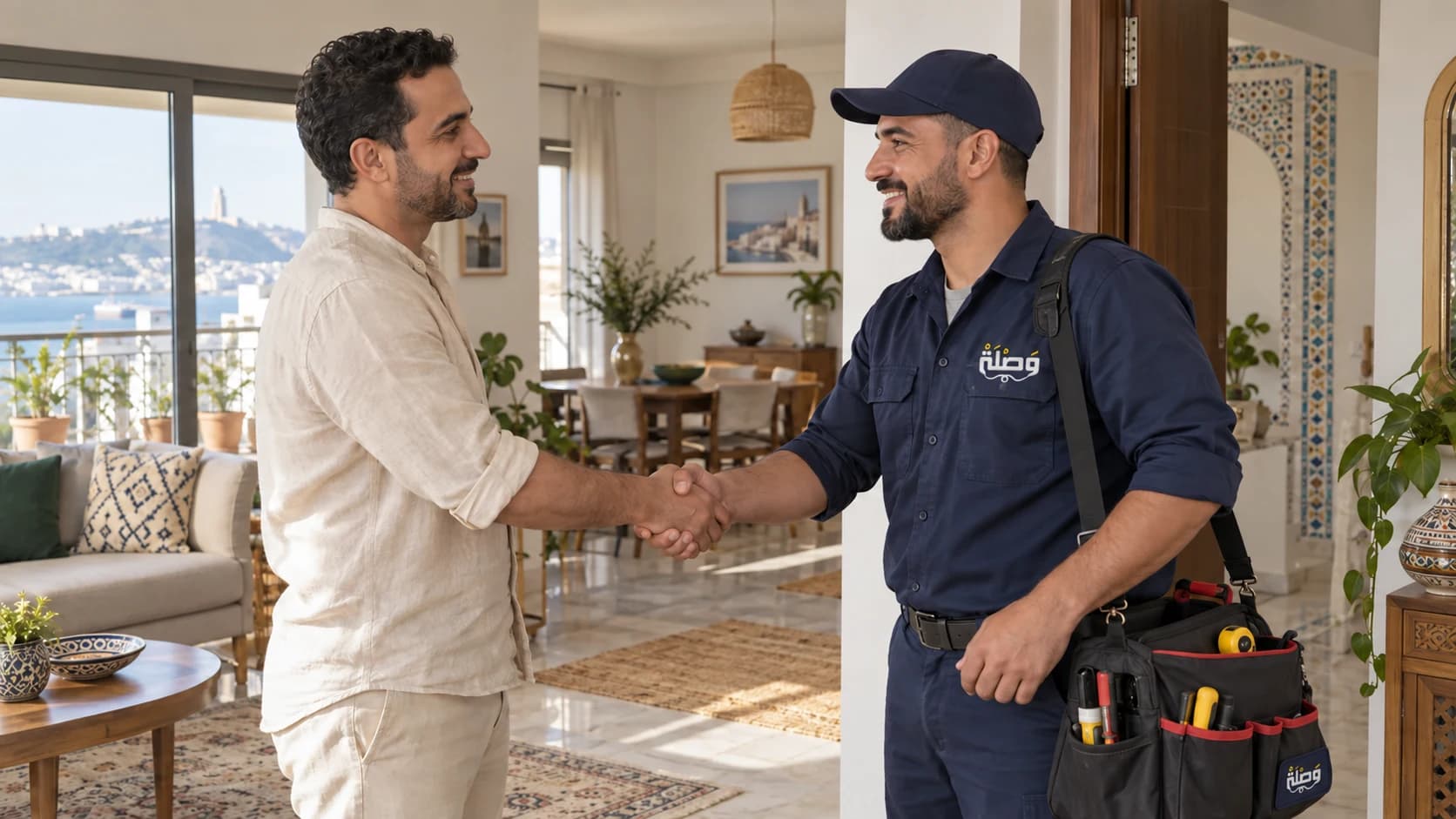 A verified professional shaking hands with a client at home in Algeria