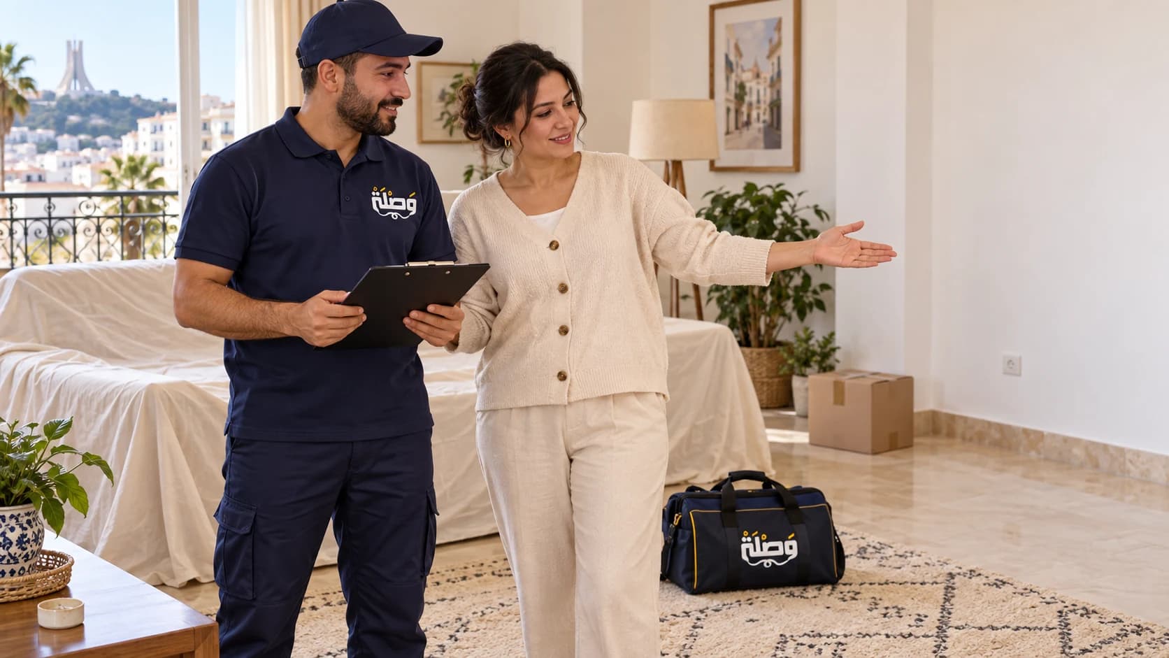 A homeowner shows the cleared workspace to an artisan wearing the Wasla logo