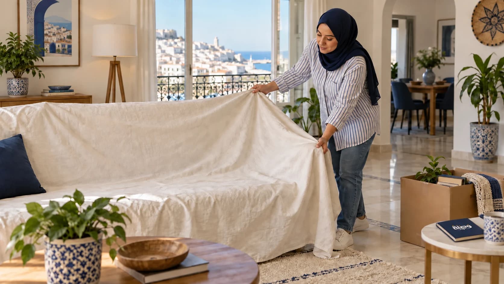 A homeowner covering her sofa before an artisan's visit