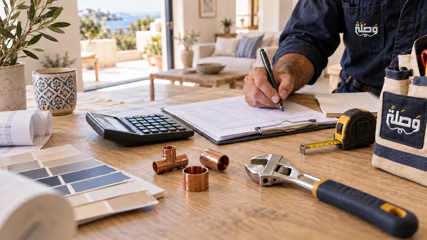 Tools and a calculator on a worktop, home services budget